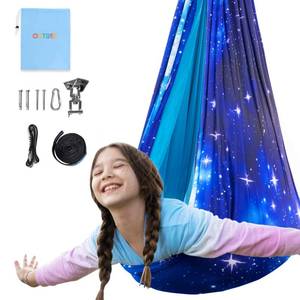 lot 1206 image: OUTREE Sensory Swing for Kids, Double Layer Therapy Hammock, Indoor Swing with 360° Swivel Hanger Kit and Adjustable Straps, Autism Sensory Product for Autism, ADHD (Blue Starry-Sky Printed) - Retail $40