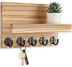 lot 1213 image: Lwenki Key Holder for Wall, Decorative Key and Mail Holder with Shelf Has Large Key Hooks for Bags, Coats �� Paulownia Wood Key Hanger with Mounting Hardware (9.8��W x 6.7��H x 4.2��D) (Burnt Wood) - Retail $15