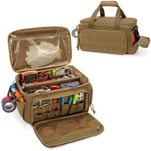 lot 1232 image: Rexmica 14-Inch Tool Bag with Anti-friction Bottom, Hand Tool Storage Organizer for Men, Tactical Range Bag, Multi-purpose Work Tote for Repairman, Carpenters, Handyman, Khaki - Retail $36