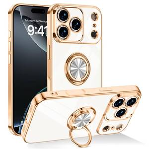lot 1252 image: Dinick Designed for iPhone 17 Pro Case with Ring Holder Soft TPU Bumper Glitter Plated Slim Cover for Women Men Finger Stand for iPhone 17 Pro Case White and Gold - Retail $17