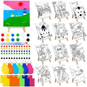 lot 1256 image: Tenceur 48 Pcs Kids Paint Party Favors Sets with 12 Pcs Animals Pre Drawn Canvas Panel and Wooden Easel Set Paint Pots and Brushes 12 Mini Apron and Tote Bag for Kids Girls Student Boys - Retail $37