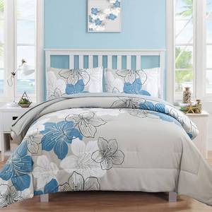 lot 1271 image: Luxudecor Floral Comforter Set Queen Size, Blue Floral Comforter and Sheet Set, 7 Pieces Bed in a Bag Soft Microfiber Complete Bedding Sets for All Seasons 90�90 - Retail $57