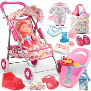 lot 1273 image: Baby Doll Stroller Set Toys for Girls Toddlers 3-5 4-6 Gifts,Baby Doll Set with 12.5 inch Doll,1 Baby Dining Chair,20 PCS Baby Doll Accessories and 2 Sets Doll Clothes for Realistic Pretend Play - Retail $36