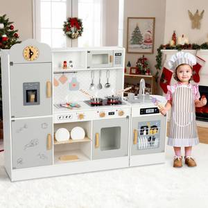 lot 3922 image: Wisairt Pretend Play Kitchen Set, 51.2in Wooden Kitchen for Kids w Chefs Costume Stove Sink Ice Maker Oven Microwave, Realistic Lights Sounds, Grey - Retail $159.99