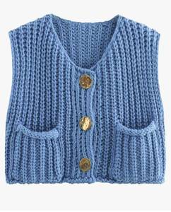 lot 4467 image: Womens Sleeveless Chunky Knit Top Casual Cropped Button Down Sweater Vest Open Front Cardigan with Pockets