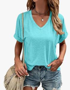 lot 4473 image: EADINVE Womens Tshirts V Neck Short Sleeve Roll Sleeve Tops Summer Basic Tee Solid Color Blouse Loose Fit MINT GREEN SIZE M
