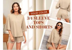 lot 4476 image: Cnlinkco Womens Knit Lounge Set 34 Sleeve Top and Shorts Sleepwear PajamaSet Two Piece CREAM SIZE M