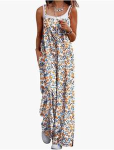 lot 4481 image: YESNO Womens Summer Boho Casual Jumpsuits Wide Leg Overalls Floral Print Baggy Rompers with Pockets PZZCR SIZE M