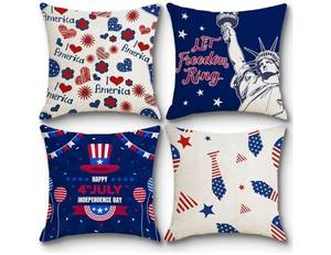 lot 4486 image: 4th of July Pillow Covers 18x18 Set of 4 Linen Breathable Red White Blue American Flag Throw Pillow Cover for Fourth of July Outdoor Patriotic Decorations Memorial Day Celebrations