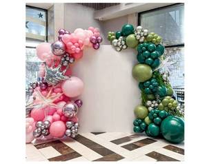 lot 4497 image: Pink and Green Balloon Garland Arch Kit, Metallic Silver Dark Green Light Pink Latex Balloons with Crown Iridescent Explosion Star Balloon for Birthday Witch Themed Party Decorations