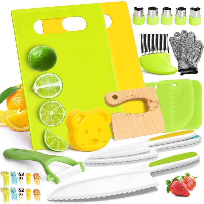 lot 7741 image: 28PCS Toddler Knife Set - Kids Knifes for Real Cooking, Montessori Kids Kitchen Knife Set with Cutting Board Crinkle Cutters Kid Safe Knives, Toddlers Kitchen Tools for Age 2-10 Year Old Girl Boy