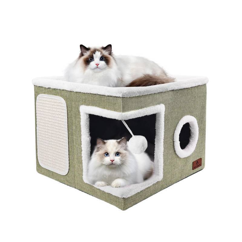 lot 2142 image: Cat Beds for Indoor Cats - Foldable Cat Hideaway with Hanging Fluffy Ball and Scratch Pad, Large Cat Bed Cave with Reversible Cushion for Multi Small Pet Kitten, Green