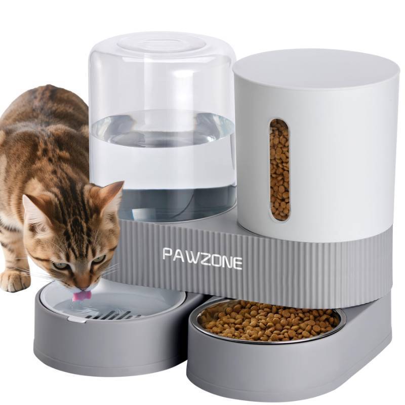 lot 7159 image: 2 Pack Automatic Cat Feeder Stainless Steel Water Dispenser Gravity Food Feeder and Waterer Set with Pet Food Bowl for Small Medium Kitten Puppy Pets Large Capacity(Grey)