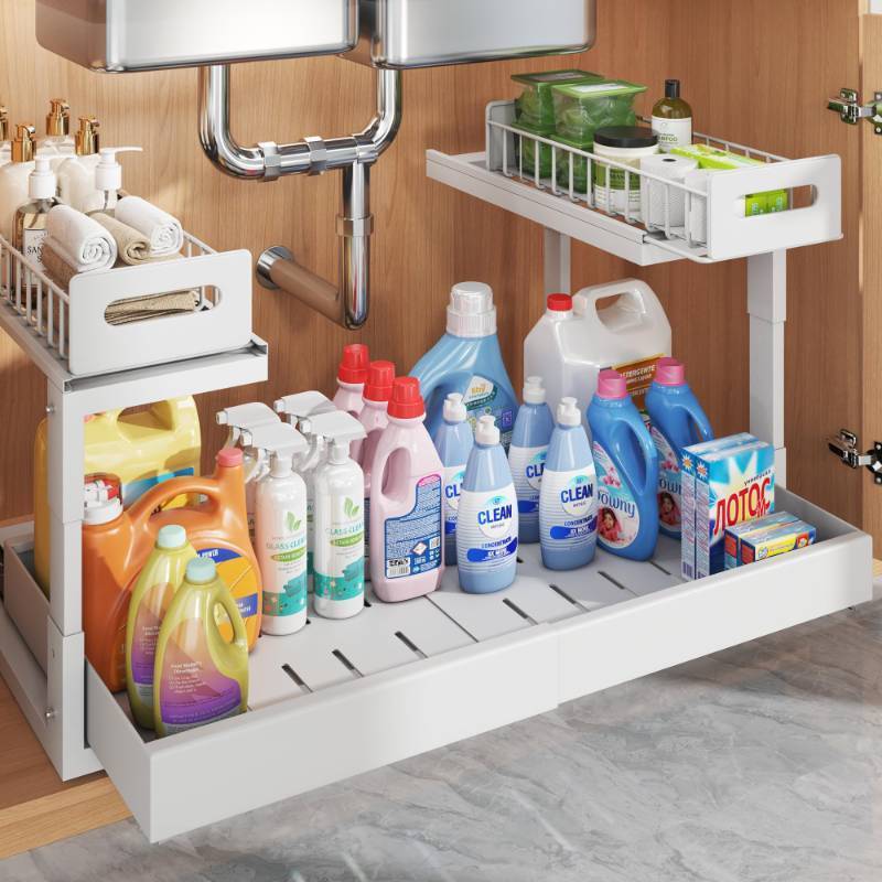 lot 7125 image: 1 Pack-15.7-25.7W Expandable Under Sink Organizer With Upgrade Ball-Bearing Slide,2-Tier Pull Out Under Cabinet Organizer Height Adjustable,Not Suitable For Cabinets With Partitions In The Middle