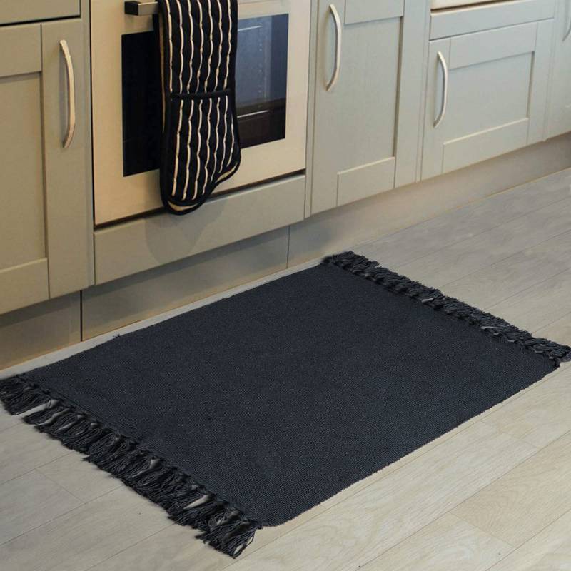 lot 7056 image: Seavish Black Kitchen Rug, 2x3 Cotton Hand Woven Recycled Throw Rug Runner Braided Entryway Floor Mat for Laundry Room Bathroom Bedroom Dorm