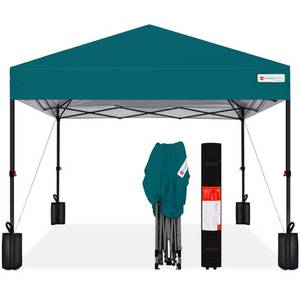 lot 3965 image: Best Choice Products 12x12ft Easy Setup Pop Up Canopy w 1-Button Setup  Wheeled Case  4 Weight Bags - Cerulean