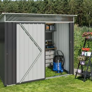 lot 3966 image: Walsunny 6X4 ft Outdoor Storage Shed, Waterproof Metal Garden Sheds with Lockable Single Door, Weather Resistant Steel Tool Storage House Dark Grey