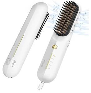 lot 3988 image: Hair Straightener Brush, Portable Cordless Straightening Brush for Travel, Negative Ionic, Rechargeable, Gifts for Women, White