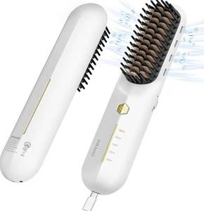 lot 4750 image: Frano Hair Straightener Brush, Portable Cordless Straightening Brush for Travel, Negative Ionic, Rechargeable, Gifts for Women, White