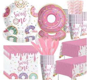 lot 4757 image: Suhelkit Donut Sweet One Birthday Party Decorations, Pink Donut 1st Birthday Party Supplies Girls, Disposable Paper Plate, Napkin, Cup, Tablecloth, Swirls, Banner, Cutlery, 24 Guests