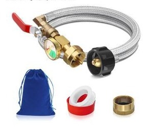 lot 4759 image: Propane Refill Adapter for 1 lb. Tanks, 3ft Stainless Steel Braid QCC1 Type Propane Tank Refill Adapter Filler Connector with Gauge & Valve, for Filling 1lb Bottles from 20lb Tank
