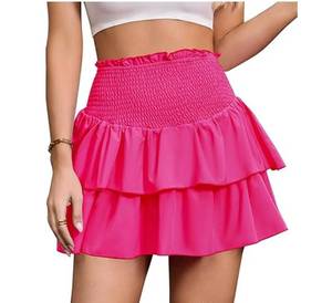 lot 4763 image: ANRILITA Mini Skirt for Women High Waist Ruffle Cute Flowy Skirt Casual Layered Skort with Shorts, Pink, Medium