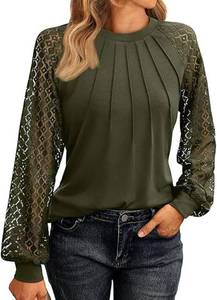 lot 4774 image: VALOLIA Fall Fashion 2024 Long Sleeve Shirts Crew Neck Lace Tops Dressy Business Casual Blouses Trendy Pleated Shirts SIZE L