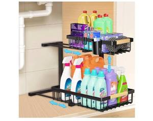 lot 4810 image: GREAPA Large Under Sink Organizer, Adjustable Height, 2-Tier Slide Out, Thickened Metal Shelf with 2 Hanging Cups and 6 Hooks, Undersink Organizers for Kitchen, Bathroom, Cabinet, Pantry, 1 Pack