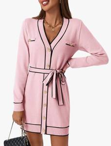 lot 4830 image: Saodimallsu Womens Long Sleeve Sweater Dress Button Down V Neck Casual Knit Preppy Mini Dresses Cardigan with Belt