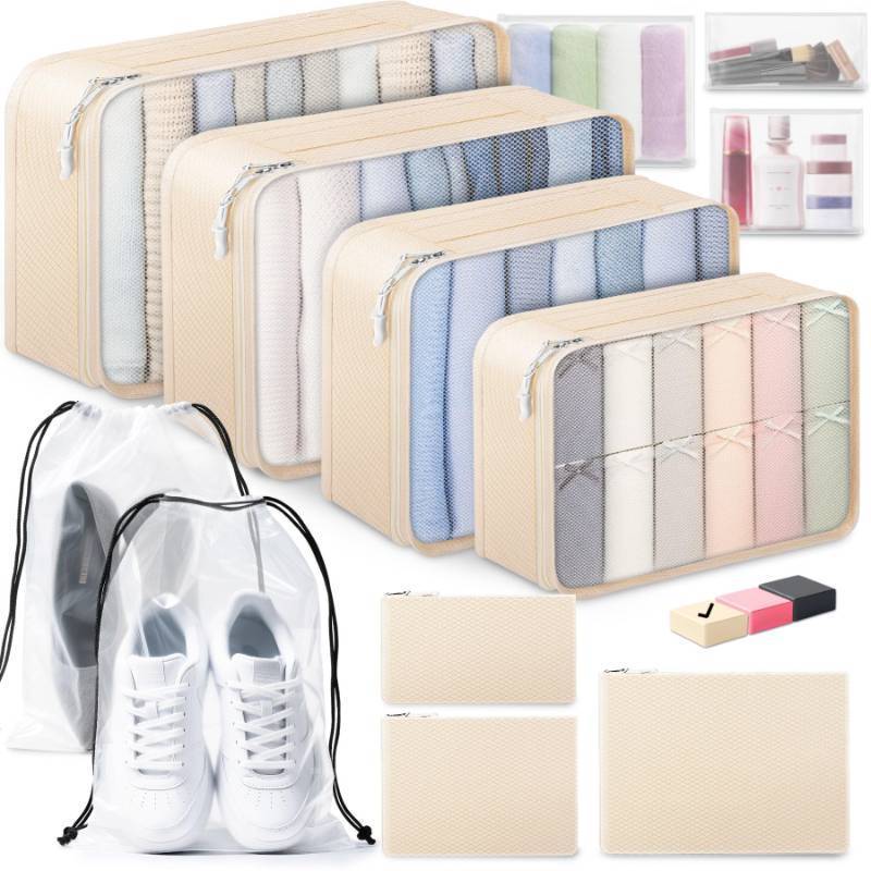 lot 7079 image: ALL INCLUDED - 12 Set Packing Cubes for Suitcases Carry On, Travel EssentialsAccessories Luggage Organizer Bags Set, Includes Cubes, Shoes Bag, Matte Cosmetic Bag, Zipper Bags