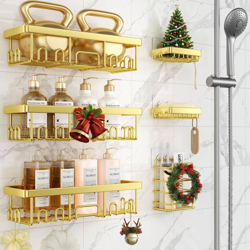 lot 7453 image: Veken Adhesive Shower Caddy 6-Pack,Gifts for Women Mom,Heavy Weight Bearing,Large Wall Mounted Bathroom Shelves Rack,Organizer Storage Accessories with Soap Dish&Toothbrush Holder,Bright Gold