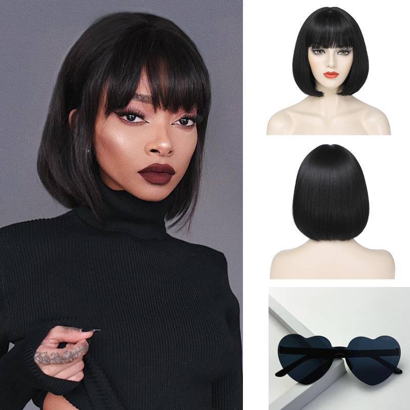 lot 7008 image: LUVEUNI Black Bob Wig with Bangs Short Black Wigs for Women 12 Inch Straight Synthetic Fiber Hair Wig Natural Looking for Daily Use (Wig and Sunglasses)