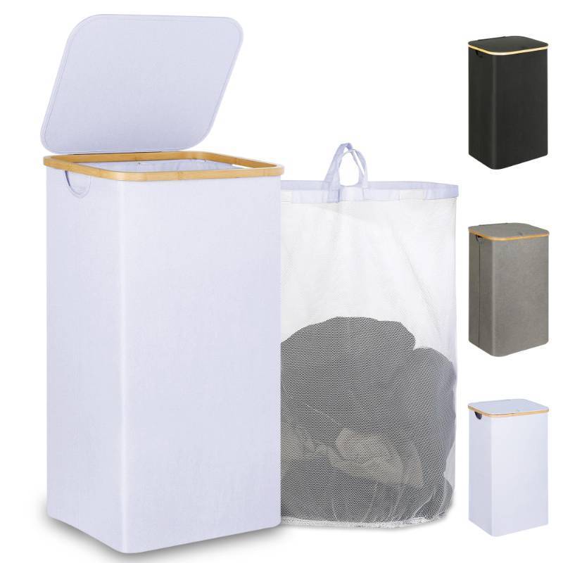 lot 7588 image: iEGrow 110L Laundry Hamper with Lid��Dirty Clothes Hampers for Laundry,Laundry Basket with Bamboo Handles and Removable Bag,Hamper for Bedroom, Bathroom, Dorm, Laundry Room, White