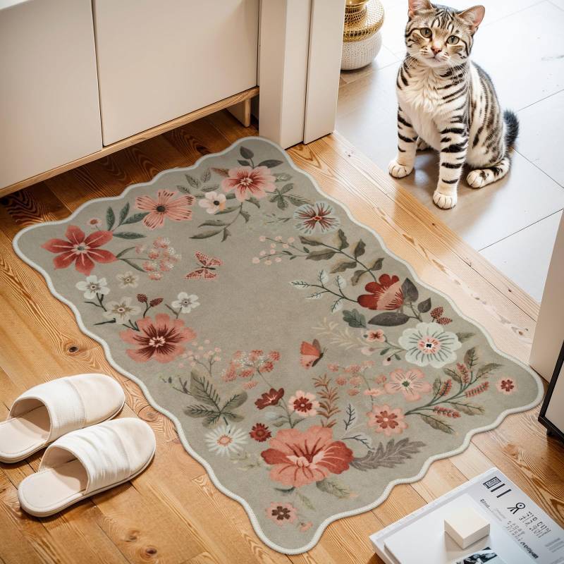 lot 2143 image: Lahome Floral Washable Kitchen Rug, Ultra-Thin Fall Door Mat, Indoor Entrance Stain Resistant Boho Small Low-Pile Throw Rug for Bathroom Bedroom (2x3ft, Brown)