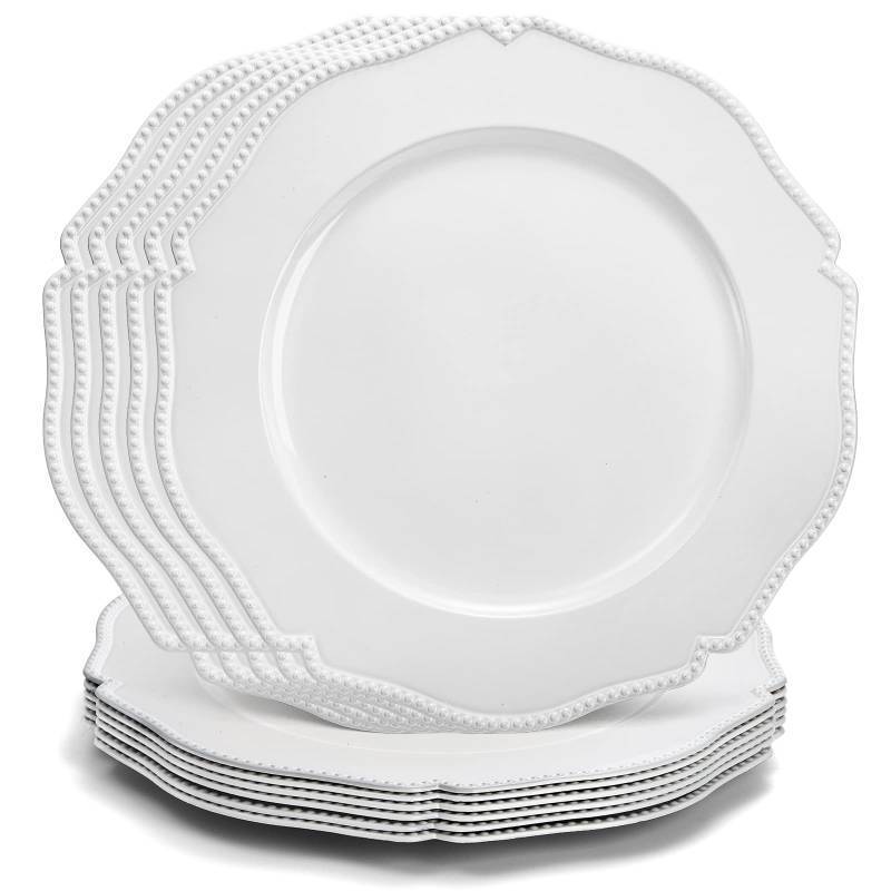 lot 7392 image: Foraineam 12 Pack White Charger Plates with Beaded Rim, 13 Inch Round Plastic Dinner Chargers, Scalloped Serving Plates for Table Settings Wedding Party Catering Event Decoration