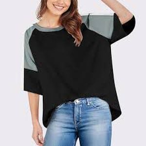 lot 4955 image: FHQcollection Womens Oversized T Shirts Short Sleeve Color Block Crewneck Summer Casual Loose Fit Basic Tee Tops, size medium, color black and gray