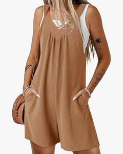 lot 4973 image: Womens Summer Sleeveless Waffle Knit Romper Tank Tops Belt Jumpsuits with Side Pockets, Medium