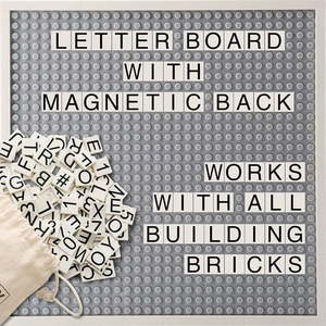 lot 4930 image: Creative QT Brick Building Letter Board - with Over 285 StoryBricks Letters and Symbols - Changeable Building Brick Message Board with Letters and Magnetic Backing - Grey 10 x 10 Inch