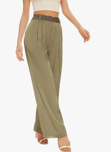 lot 4984 image: Women Satin Silk Pants High Waist Wide Leg Work Casual Trousers Loose Fit with Pockets Green, size 2