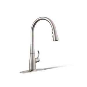 lot 4848 image: Kohler Simplice Single-Hole Or Three-Hole Kitchen Sink Faucet with 16-58  Pull-Down Spout  Docknetik Magnetic Docking System  and A 3-Function Sprayhead Featuring Sweep Spray  Vibrant Stainless