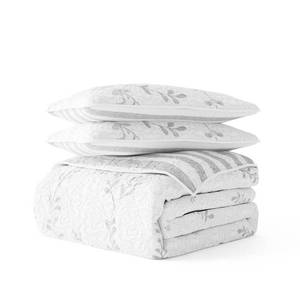 lot 4891 image: Noble Linens Light Gray 3 Piece Sprouting Vines Stripe Reversible Microfiber Quilt Set  King  CalKing&nbsp