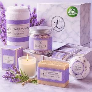 lot 4947 image: Lavender Spa Gift Set for Women 6pcs - Includes Candle, Handmade Soap, Bath Bomb, Bath Salts, Tumbler & Greeting Card - Ideal Gift for Birthdays, Mother��s Day, Christmas, or Special Occasions