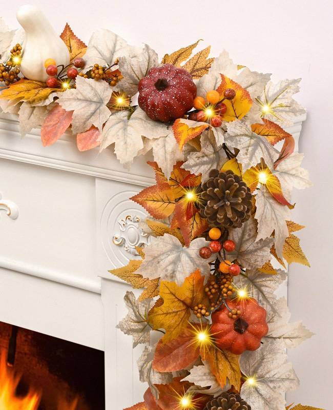 lot 3013 image: Yastouay 2 Pack Fall Garland for Mantle, 11.8Ft Fall Leaves Garland with Lights, Lifelike Pumpkins Pinecones Berries Maple Leaves for Home Table Party Outdoor Thanksgiving Decor