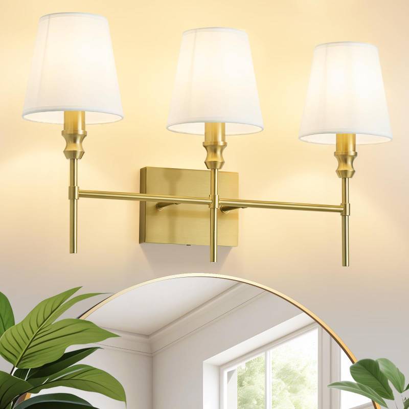 lot 3060 image: ZSMAIKU Bathroom Light Fixtures,23.6 IN Bathroom Vanity Lights Over Mirror��3-Light Antique Brass Vintage Wall Sconce With Flared White Fabric Lampshade For Bedroom,Living Room,Foyer,Hardwired,E12 Base