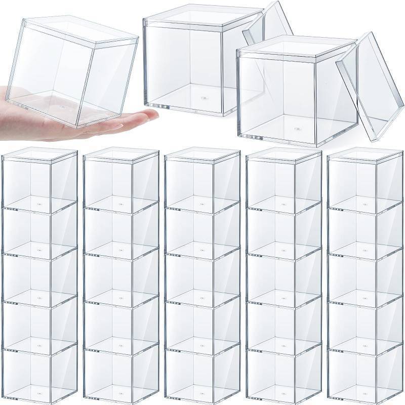 lot 3290 image: Yulejo 30pcs Sturdy Acrylic Storage Boxes, Clear Plastic Square Cube Containers with Lid, 3.3 x 3.3 x 3.3 Inch, for Candy, Jewelry, Organizer, Storage Boxes