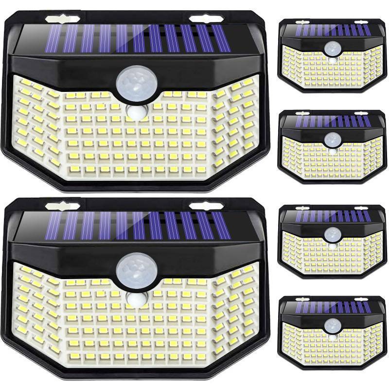 lot 3085 image: HMCITY 120 LED Outdoor Solar Lights with Motion Sensor and 3 Lighting Modes, IP65 Waterproof Wide Solar Wall Lights Ideal for Garden Patio Yard (Front Button 6Packs, Black Shell-Daylight White)