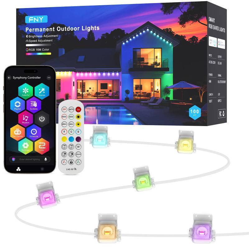 lot 3241 image: FNY Permanent Outdoor Lights 100ft Smart RGB with 60 LED, IP67 Waterproof for Outdoor Decor, AppRemote Control Eaves Lights Compatible with Alexa, Google Assistant, DIY Scene Modes for Christmas - Retail $99.99