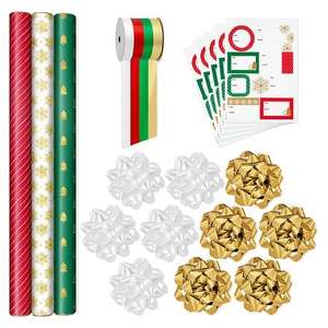lot 5007 image: Hallmark Classic Christmas Gift Wrap Kit Holiday Themed Rolls with Bows & Ribbons, Gift Tag Stickers