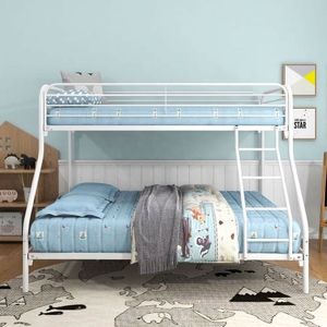 lot 5018 image: Twin-Over-Full Metal Bunk Bed - Heavy Duty, Easy Assembly, 12.8 Guardrail & Inclined Ladder (White)