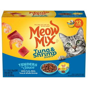 lot 5045 image: Meow Mix Tender Favorites with Real Tuna & Whole Shrimp in Sauce  2.75-Ounce, 4 Boxes with 12 in each box